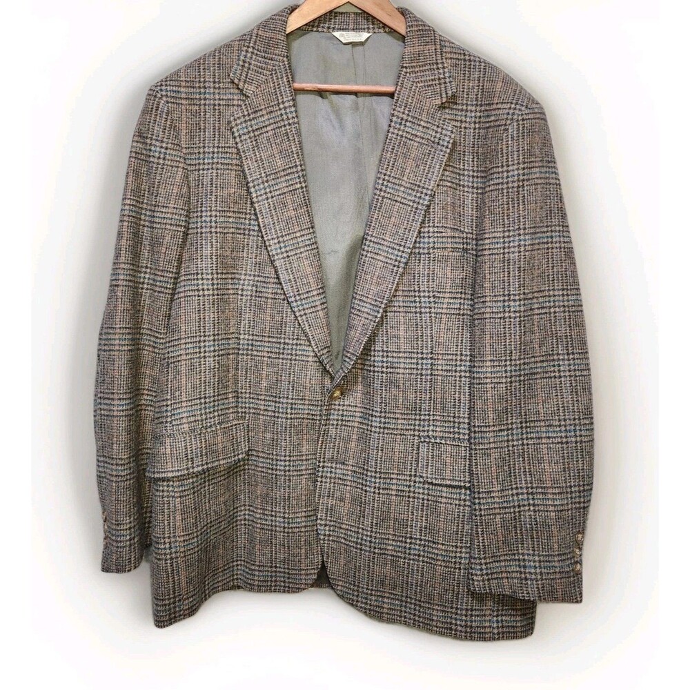 Guy Rossi Men's Brown/Blue Plaid Tweed Wool 2-Piece Suit 46R Vintage Made in USA